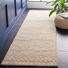 a beige rug on the floor in front of a blue door with a potted plant