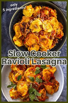 slow cooker ravioli lasagna recipe on a plate with text overlay