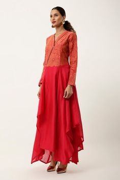 Pink kurta with cutwork bodice and zipper detail. Pared with matching pant. - Aza Fashions Spring Anarkali Set With Cutwork, Fitted Cutwork Sets, Fitted Cutwork Sets For Festive Occasions, Festive Fitted Sets With Cutwork, Fitted Anarkali Set With Cutwork Details, Spring Fitted Anarkali Set, Red Fitted V-neck Kurta, Fitted Red V-neck Kurta, Pink Kurta