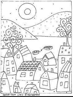 a coloring page with houses and trees