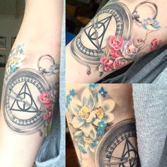 two tattoos on the arms of people with flowers and an old style compass in front of them