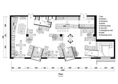 the floor plan for a restaurant with seating and kitchen areas, as well as an office area