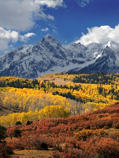 the mountains are covered in autumn foliage and snow capped peaks, with trees turning yellow to red