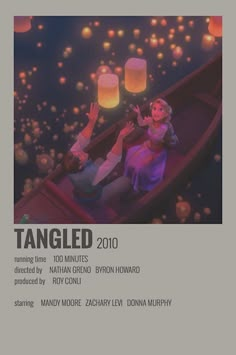 an advertisement for tangled 2010 featuring two people in a boat with lanterns floating over them