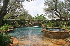 an outdoor swimming pool surrounded by trees and plants