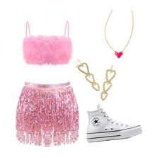 two pieces of clothing including a pink skirt, white sneakers and a necklace with hearts on it