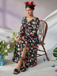 Plus Size Women Elegant Sexy Floral Artistic Portrait Print V-Neck Long Sleeve Lace Trim High Waist Split Thigh Colorful Floral Dress, Autumn Multicolor Boho  Long Sleeve Knitted Fabric Floral,Plants,All Over Print A Line High Stretch  Women Plus Clothing, size features are:Bust: ,Length: ,Sleeve Length: Black Tea Length Dress, Colorful Floral Dress, Artistic Portrait, Dress Autumn, Resort Dresses, Tea Length Dresses, Women's Shapewear, Inspiration Mode, Long Sleeve Lace