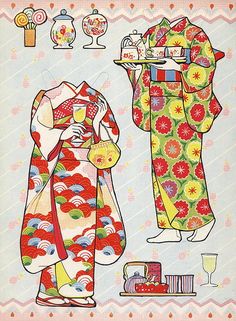 two women in kimonos are standing next to each other and one is holding a tray