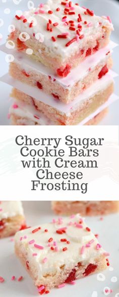 cherry sugar cookie bars with cream cheese frosting are stacked on top of each other