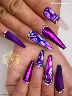 Natural Nail Art, Purple Acrylic Nails, Purple Nail Designs, Purple Nail, Coffin Nails Long, Beautiful Nail Designs, Acrylic Nails Coffin, Coffin Nails Designs, Bling Nails