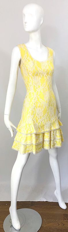 Yellow Fitted Dress With Lace Trim, Yellow Lace Ruffled Dress, Yellow Lace Dress With Ruffles, Silk Lace Dress, Yellow Lace Dress, Vintage 60s Dress, Yellow Lace Dresses, Vintage Dress 60s, Vintage Closet