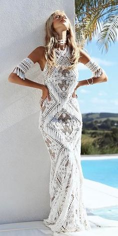 Boho After 50, Boho Wedding Outfit, Boho Clothing Style, Knitted Wedding Dress, One Arm Dress, Crochet Dress Boho, Boho Chic Style Outfits, Crochet Wedding Dresses