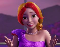 a cartoon girl with red hair wearing a purple dress and holding her hands out to the side