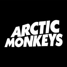 the arctic monkeys logo with white letters on a black background, against a dark background