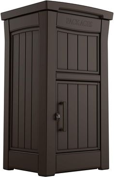 an outdoor storage cabinet with the door open and drawers on each side, in dark brown