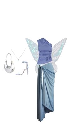 a blue dress with white shoes and a fairy costume on it's back, next to a handbag