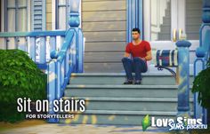 a man sitting on steps in front of a blue house with the words sit on stairs for storytellers