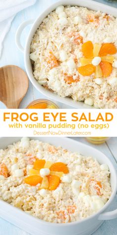 two images show how to make a frog eye salad with vanilla pudding and oranges