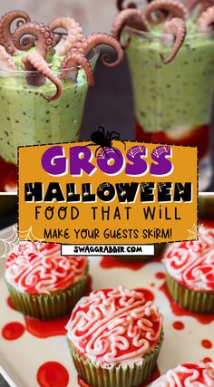 some cupcakes are on a plate and there is a sign that says cross halloween food that will make your guests smile