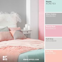 a bedroom with pink and grey colors on the walls