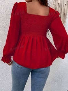 Style:Casual \nHem Shaped:Flared \nSleeve Type:Flounce Sleeve \nType:Peplum \nDetails:Ruffle \nDetails:Ruffle Hem \nNeckline:Square Neck \nDetails:Shirred \nColor:Red \nPattern Type:Plain \nSleeve Length:Long Sleeve \nLength:Regular \nFit Type:Regular Fit \nFabric:Non-Stretch \nMaterial:Fabric \nComposition:100% Polyester \nCare Instructions:Machine wash or professional dry clean \nSheer:No \n Peplum Blouse, Flounce Sleeve, Plus Size Blouses, Plus Size Tops, Ruffle Hem, Plus Clothing, Square Neck, Dry Clean, Blouses