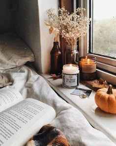 an open book sitting on top of a window sill next to a vase filled with flowers