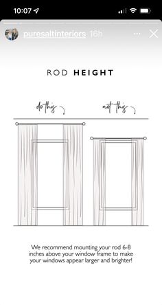 an iphone screen showing the measurements for curtains and window treatments on each side of the phone