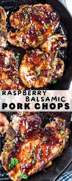 raspberry balsamic pork chops in a cast iron skillet with text overlay