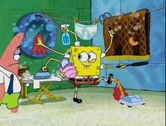 spongebob and patrick in the kitchen with clothes hanging from line on wall behind him