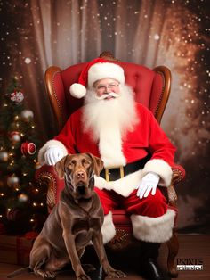 a dog sitting next to santa claus in front of a christmas tree