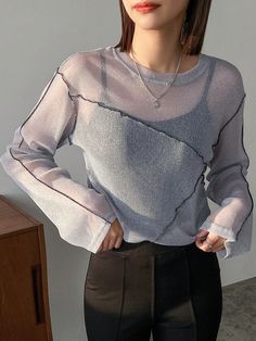 Light Grey Casual Collar Long Sleeve Mesh Fabric Plain  Embellished High Stretch  Women Clothing Spring Long Sleeve Glitter Tops, Shimmer Long Sleeve Tops For Spring, Long Sleeve Shimmer Top For Spring, Long Sleeve Shimmer Blouse For Spring, Trendy Long Sleeve Glitter Top, Tops Transparentes, Sheer Top, Sheer Blouse, Women Tops