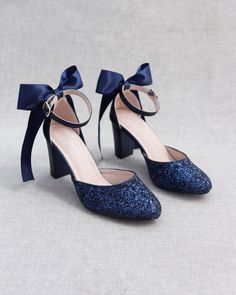 Navy Rock Glitter Block Heel with Back Satin Bow Quince Heels, Star Heels, Women Wedding Shoes, Royal Blue Heels, Bridesmaids Shoes, Navy Blue Heels, Shoes Bride, Navy Blue Shoes, Holiday Shoes