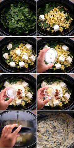 process shots showing how to make spinach and feta salad in the slow cooker