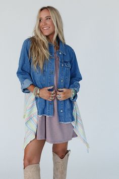 Get ready for compliments while wearing the Turning Tables Denim Jacket - a unique boho twist on the classic denim jacket, we know you're going to love! Solid, quality, denim fabric relaxed, oversized silhouette So unique, woven, striped fabric back panel with cute fringe bottom edge Collared neckline with a button-down front Long sleeves with button wrist closure Pair with: Evermore Seamless Lace Racerback Bralette, Perfect Round Hem Bralette Maxi Dress and Ethereal Shine Stacked Bracelet. *Due Boho Essentials, Cute Fringe, Bralette Outfit, Boho Twists, The Turning, Classic Denim Jacket, Striped Fabric, Oversized Silhouette, Striped Fabrics