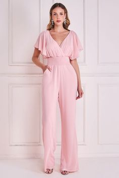 Chiffon Jumpsuit With Flutter Sleeves - Blush Goddiva Outfits Pastel, Chiffon Jumpsuit, Formal Jumpsuit, Wedding Jumpsuit, Pink Jumpsuit, Romantic Dinner, Chiffon Material, Dinner Date, Jumpsuit Fashion