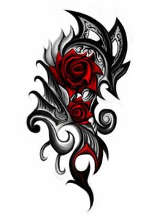 a red rose tattoo design on the side of a white background with black and grey swirls