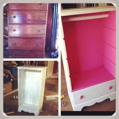 three different pictures of dressers with pink paint on them