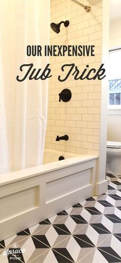 a bathroom with a black and white checkered floor, shower curtain, and bathtub