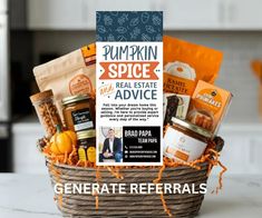 the pumpkin spice real estate advice is displayed in a basket with an ad for its product