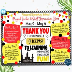 a poster with words and pictures on it that say thank you for giving us a quick pass to learning and making it much fun