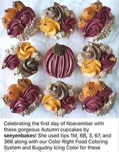 an advertisement for autumn cupcakes with flowers on them