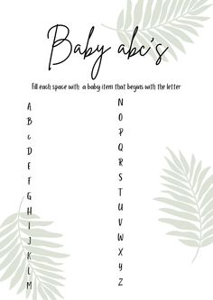 the baby abc's list with leaves and letters on it, including one for each letter