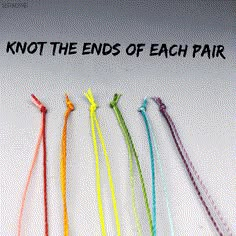 four different colored cords with the words knot the ends of each pair written on them