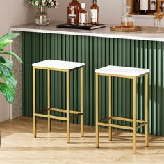 two stools in front of a bar with bottles on the counter and plants behind it