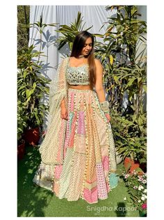 Pastel multi color indian wedding chanderi patchwork Lehenga with mirror embroidered blouse and mesh Dupatta mehendi sangeet outfit by LabelSnigdhaKapoor on Etsy Lehenga Colourful, Colourful Lehenga, Patchwork Lehenga, Outfit Indian Wedding, Sangeet Lehenga, Outfit Indian, Sangeet Outfit