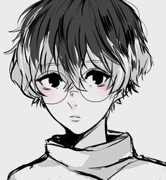 a black and white drawing of a boy with glasses on his head, looking to the side