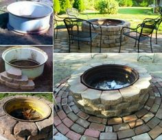 there are four pictures of an outdoor fire pit with chairs around it and one is made out of bricks