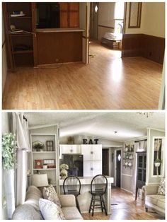 before and after pictures of a living room with hard wood flooring, dining room table and kitchen area