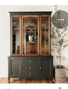 a green china cabinet with glass doors and drawers on the top, next to a potted plant