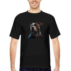 a man wearing a black t - shirt with a dog on it's chest